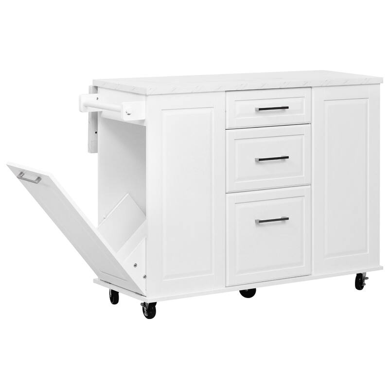 Marble Wood Top Dining Table, Rolling Kitchen Island withTilt Trash Can, Kitchen Cabinet with Drop Leaf Counter