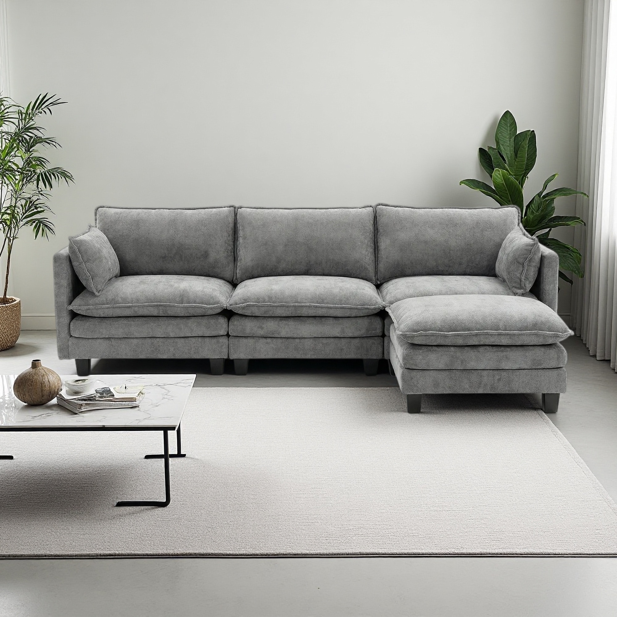 107.87" Modern 3-Seater Couch with Individual Matching Ottoman, Built-in USB Ports and Side Pockets for Living Room