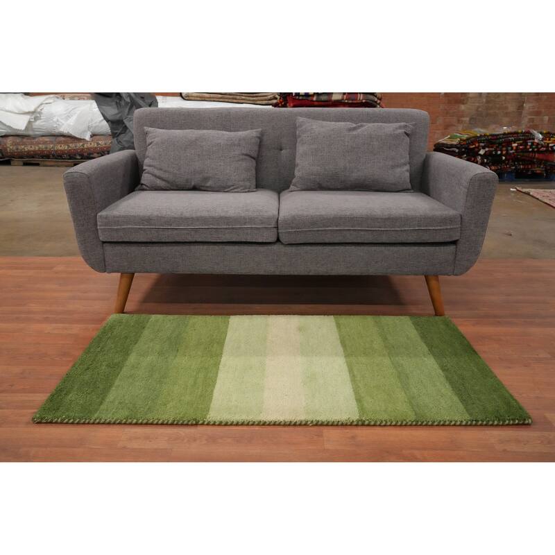 Hand Knotted Oriental 100% Wool Carpet Modern Stripe Green Gabbeh Runner Rug - 4' 8'' X 2' 5''
