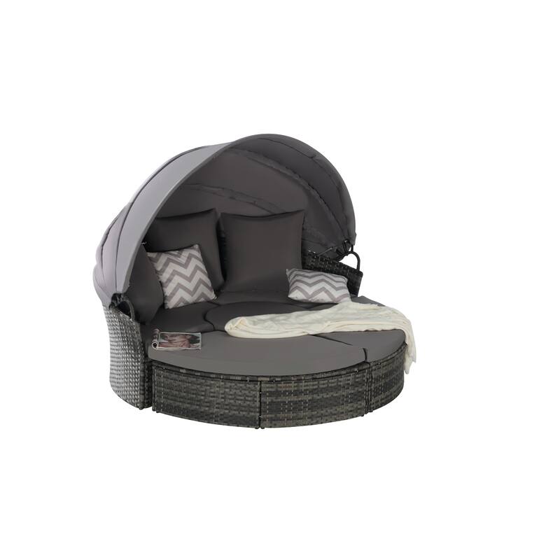 5-Piece Outdoor Patio Conversation Set Wicker Daybed Set with Canopy, Storable Table&Soft Cushions