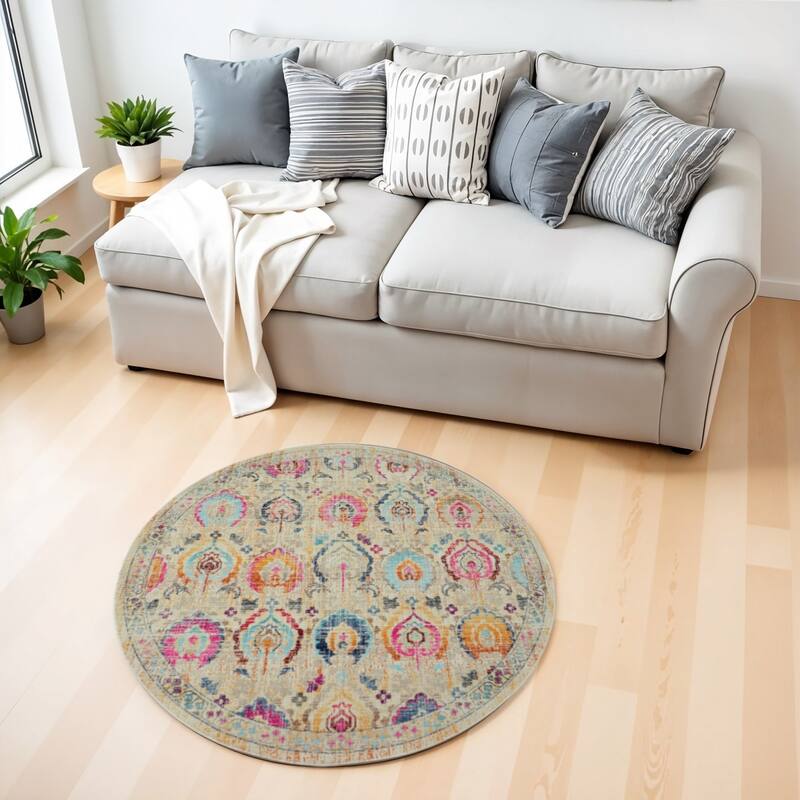 HomeRootsFloral Transitional Round Area Rug - 48' X '48' X '0.5 - 48' X '48' X '0.5 - Orange/Pink/Ivory