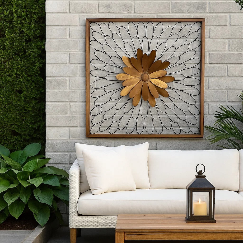Metal Wall Decor with Wooden Frame and Leafy Flower, Bronze