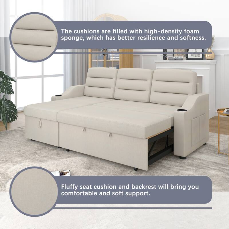 83.5'' Polyester Convertible 3 Seater Sleeper Sofa Couch with Pull-Out Bed, Storage Recliner, Cup Holder, and Side Pockets