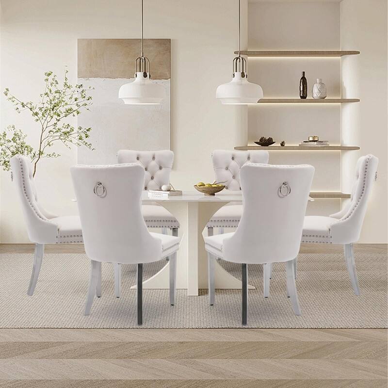 Tufted Naliheads Solid Wood Upholstered Dining Chairs Set of 6 - Beige SliverLegs