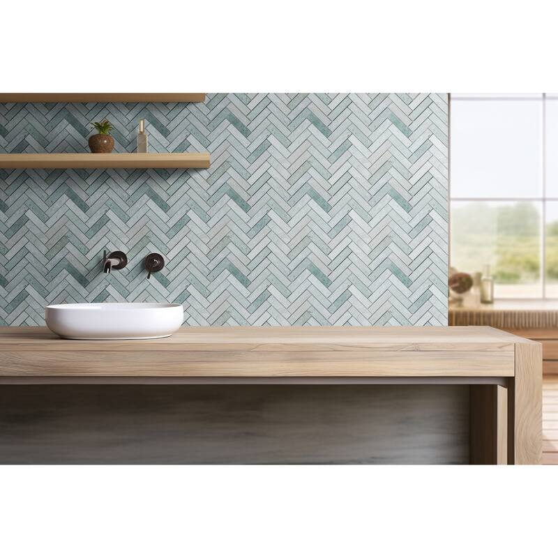 1 x 4 Harringbone Ming Green Marble Mosaic Wall & Floor Tile - 1 Case (10 Sheets)