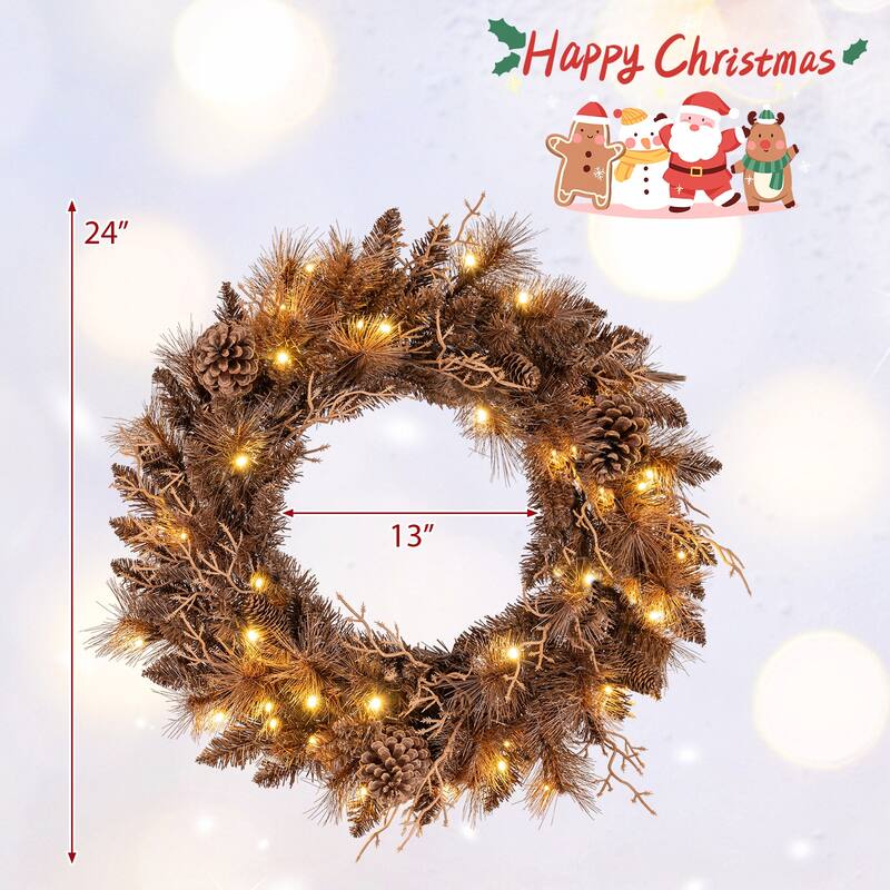 Gymax 24'' Pre-lit Christmas Wreath Front Door Artificial Xmas Wreath