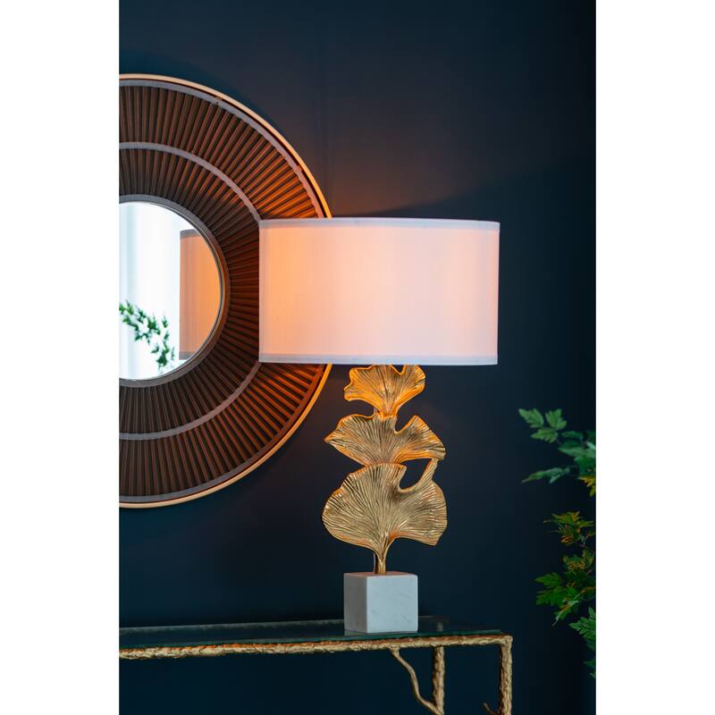 D17x30.2" Gold Ginkgo Leaf Table Lamp with Marble Base and White Drum Shade (Lamp Shade Assembly Required)