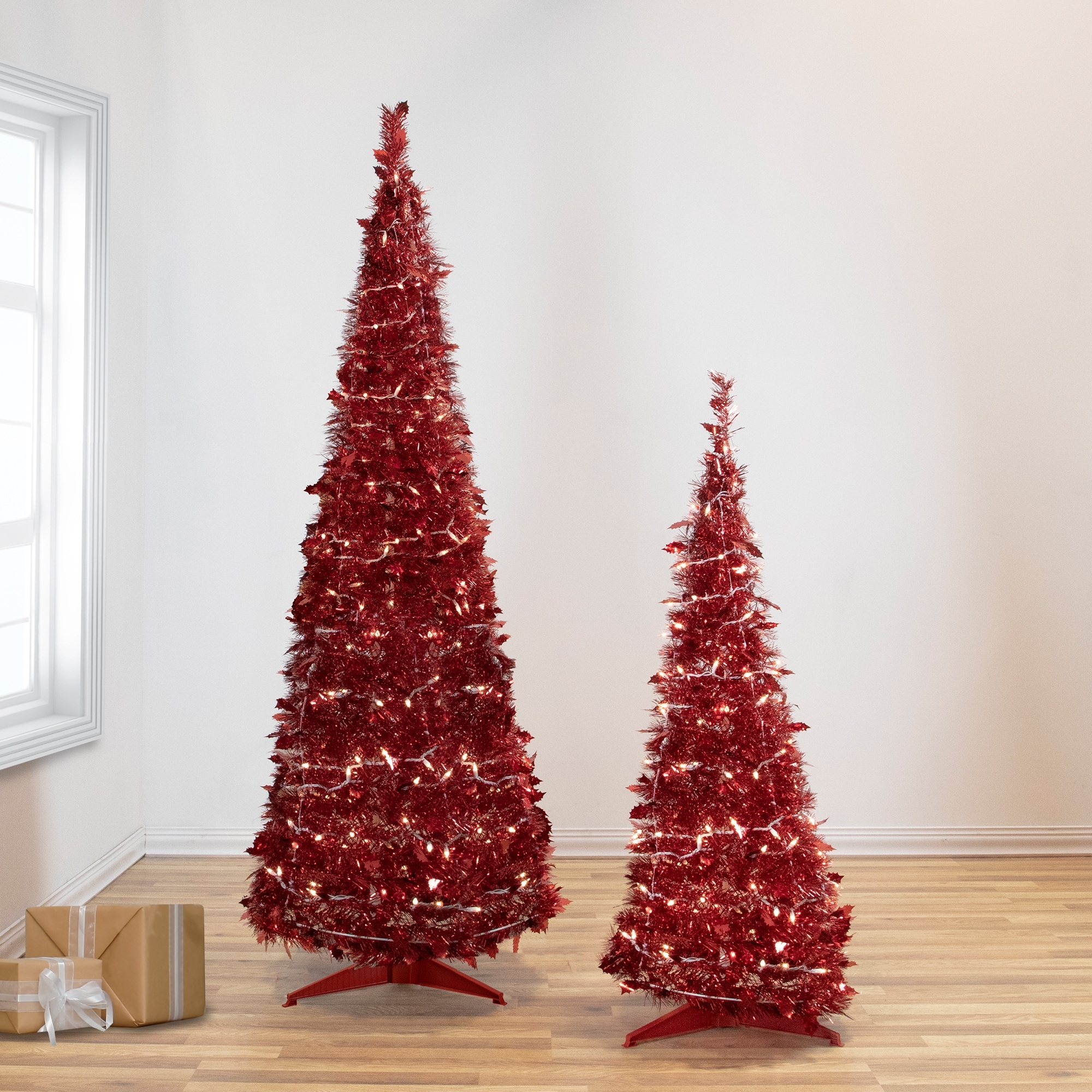 Pre-Lit Red Tinsel Pop-Up Artificial Christmas Tree 6' Clear Lights - 6 Foot