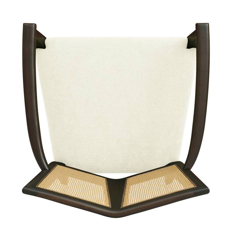 Set of 2 Modern Wooden Arm Dining Chairs with Rattan Backrest, Upholstered Fabric Seat, Rubberwood Frame