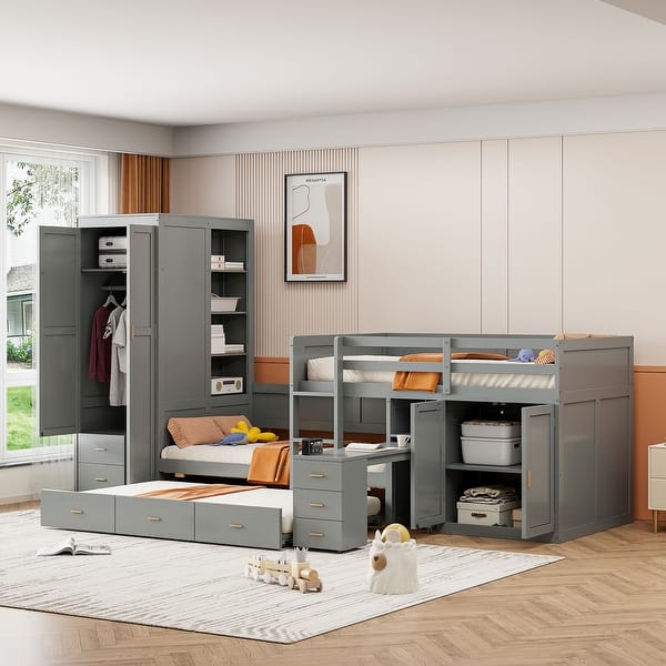 slide 2 of 15, Twin Wooden Bunk Bed with Trundle, Cabinet, Wardrobe, Desk and Drawers Grey