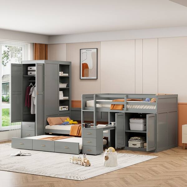 slide 2 of 31, Twin Wooden Bunk Bed with Trundle, Desk, Wardrobe, Drawers & Cabinets, Space-Saving Design with Ample Storage, Grey