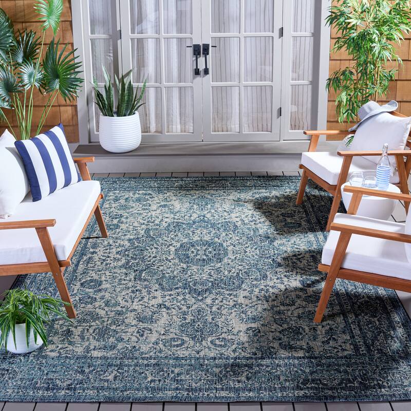 SAFAVIEH Courtyard Bahriye Indoor/Outdoor Washable Backyard Patio Rug - 8' x 11' - Navy/Grey