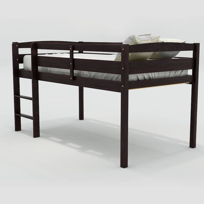 Espresso Twin Size Wood Low Loft Bed with Ladder and Fence