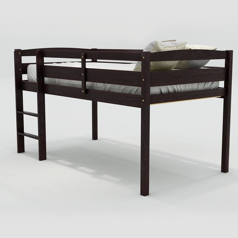 Twin Size Wood Loft Bed with Ladder, Low Height, Espresso Finish - Space Saving Design
