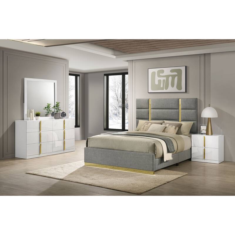 Ines Bedroom Set Grey and White High Gloss - Eastern King - 4 Piece