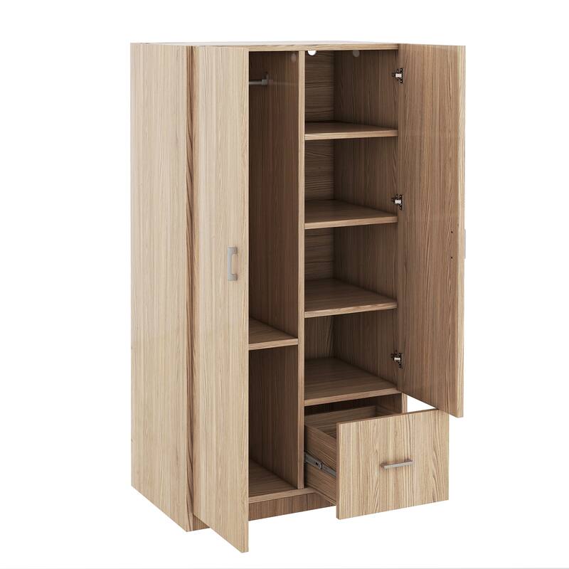 Wooden Floor Wardrobe with Double Doors, Modern Armoire with 5 Fixed Shelves, Storage Drawer Built-in Hanging Rod for Bedroom