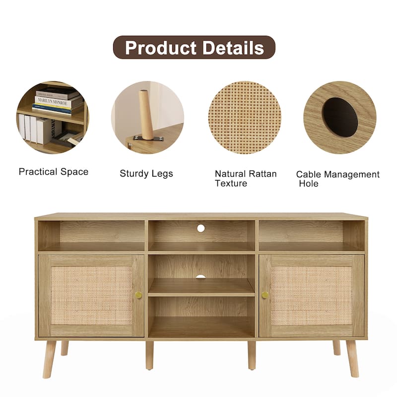 Anmytek Modern Rattan Wood TV Stand Console Table Entertainment Centers for TVs up to 65" - 59"