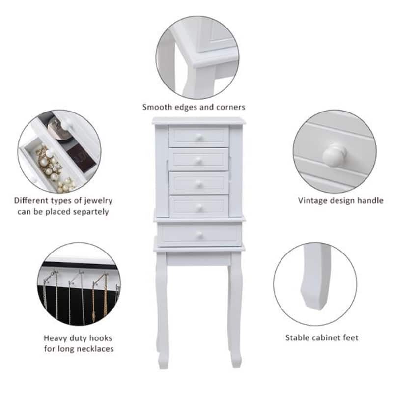 Standing Jewelry Armoire with Mirror, 5 Drawers & 14 Necklace Hooks, Jewelry Cabinet Chest with Removable Ring Storage Slot and