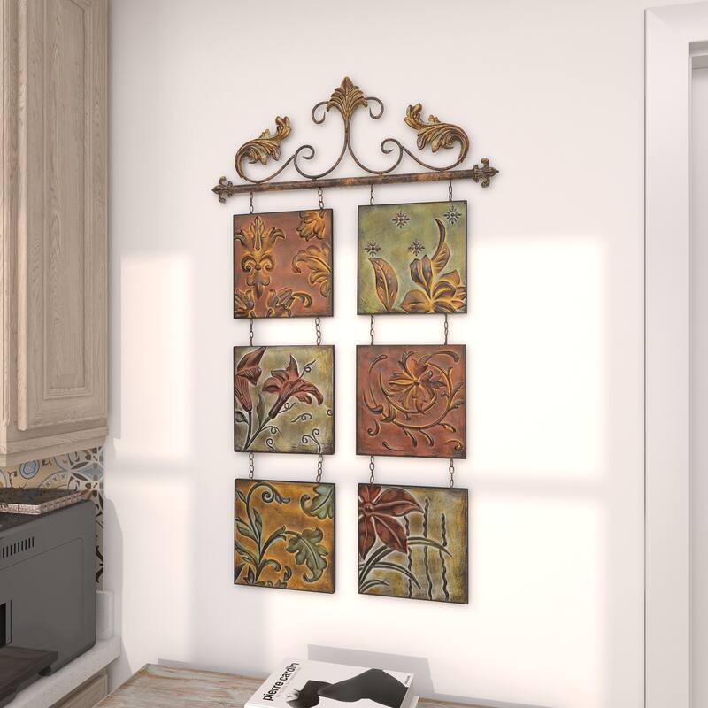 Multi Colored Metal Embossed Floral Home Wall Decor with 6 Suspended Panels and Scroll Details