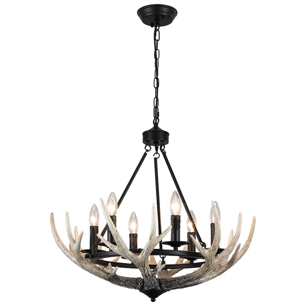 Adjustable Height 6 Lights Farmhouse Metal Frame Wagon Wheel Chandelier with Decorative Faux Antlers