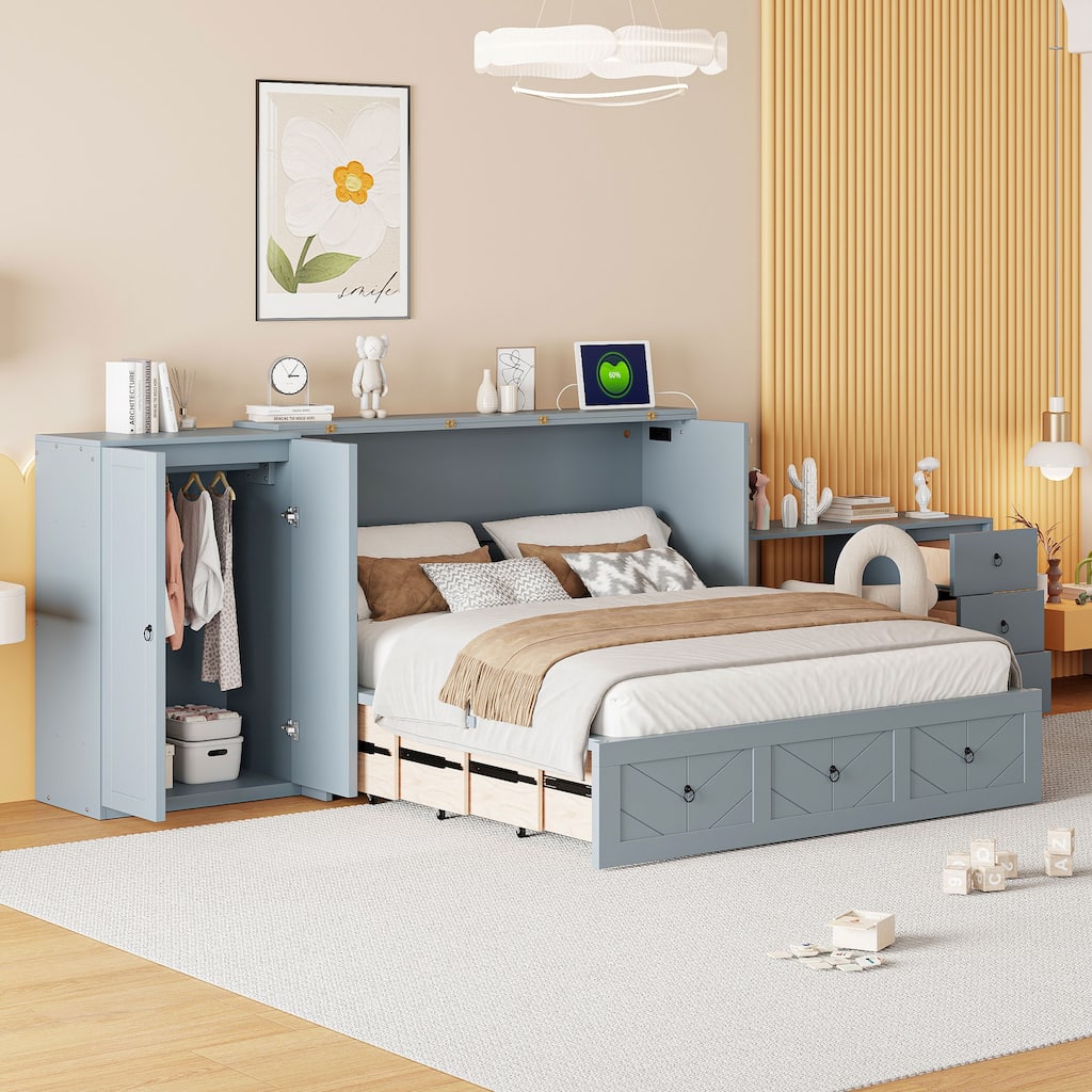 Queen Murphy Bed with USB Port and Drawers,Versatile Solid Wood Cabinet Bed with Desk and Wardrobe