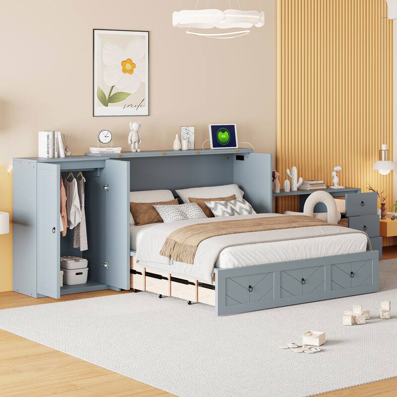 Queen Size Murphy Bed Cabinet Bed w/USB Port, Drawers, Desk & Wardrobe