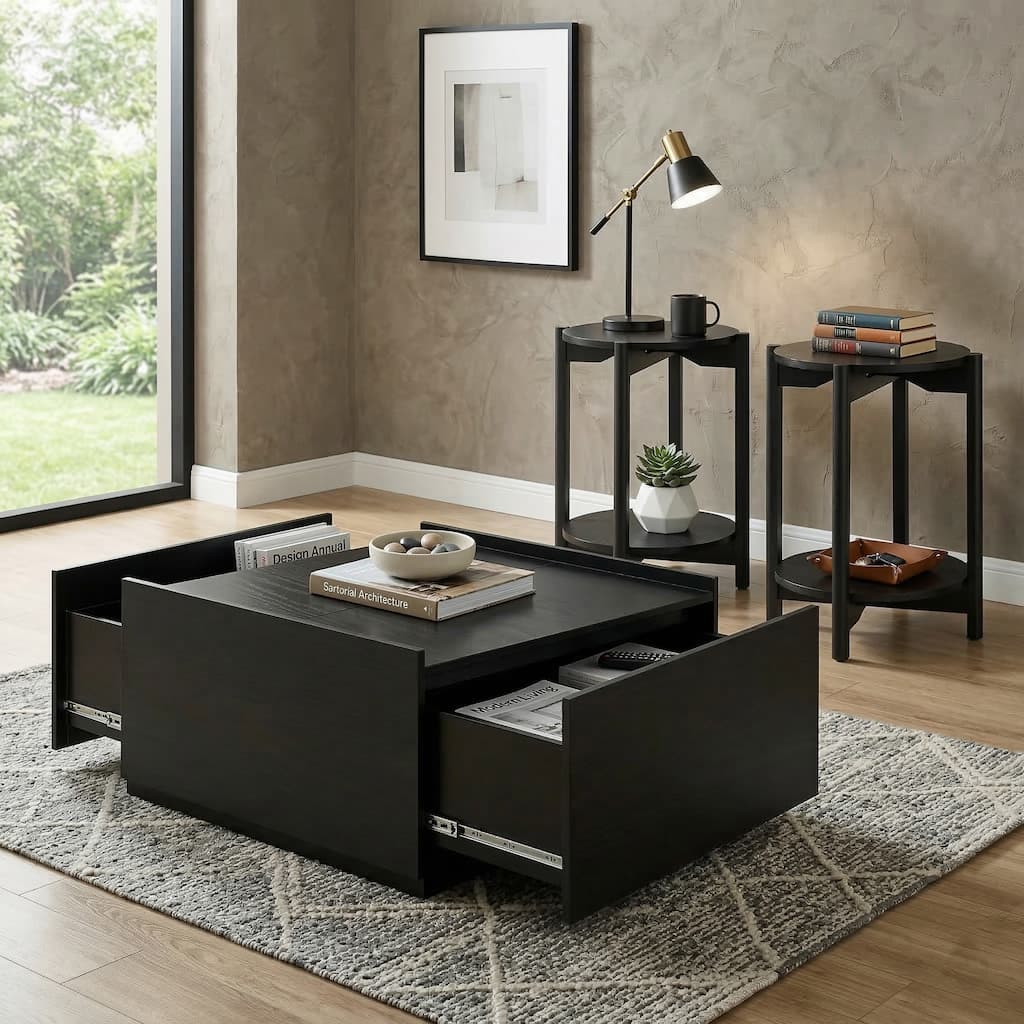 Furniture of America Rovion 3-Piece Wood Coffee Table Set with Storage Drawers and Open Bottom Shelf