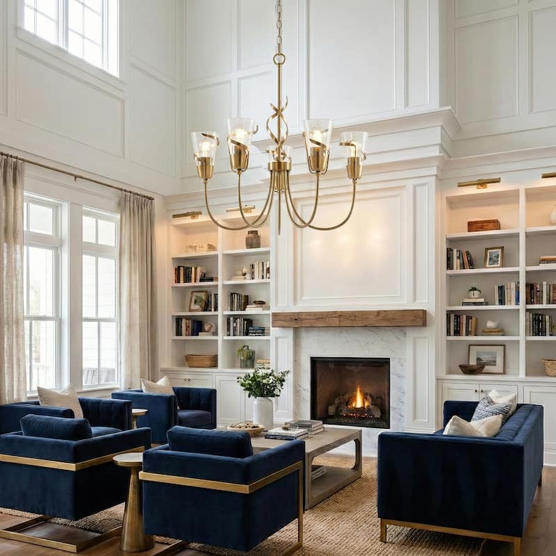 26" French Country Gold Seeded Glass 5-Light Dimmable Chandelier for Dinning Room