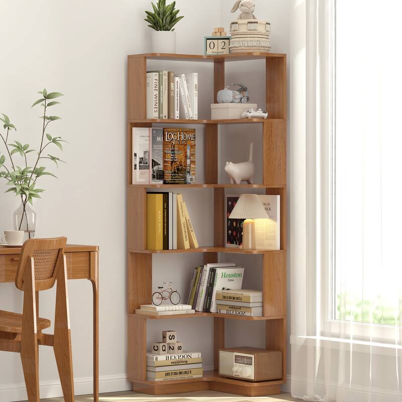 6-Tier L-Shaped Corner Bookshelf, Freestanding Wooden Bookcase with Anti-Drop Panel & Anti-Tip Device