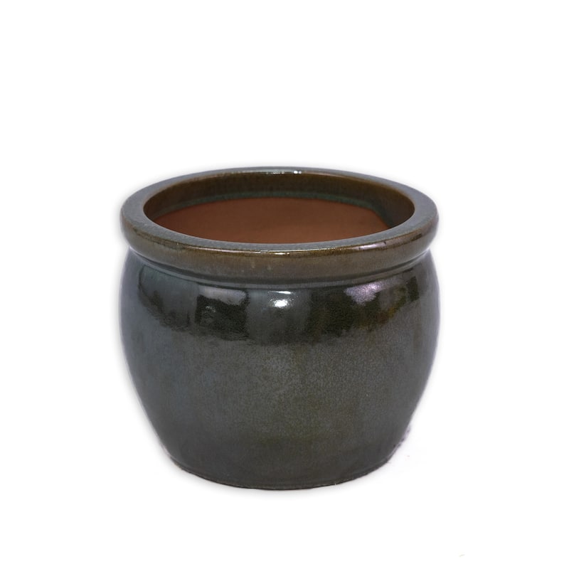 Antique Teal Ceramic Planter Set of 3 - 14.6" Square Modern Plant Pots with Drainage & Stripes