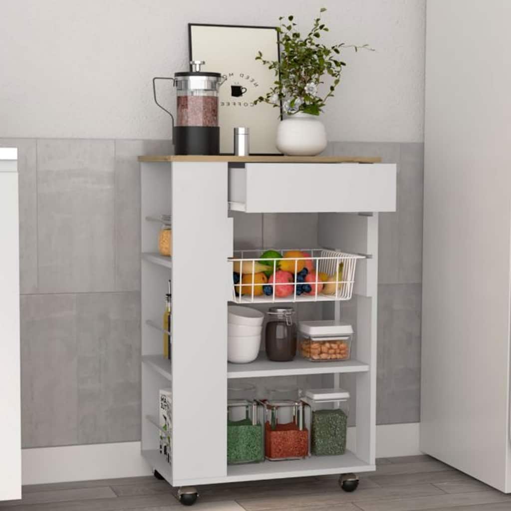 5-Shelf White and Light Oak Kitchen Cart, 1 Drawer & Rack with Caster Wheels for Storage and Mobility