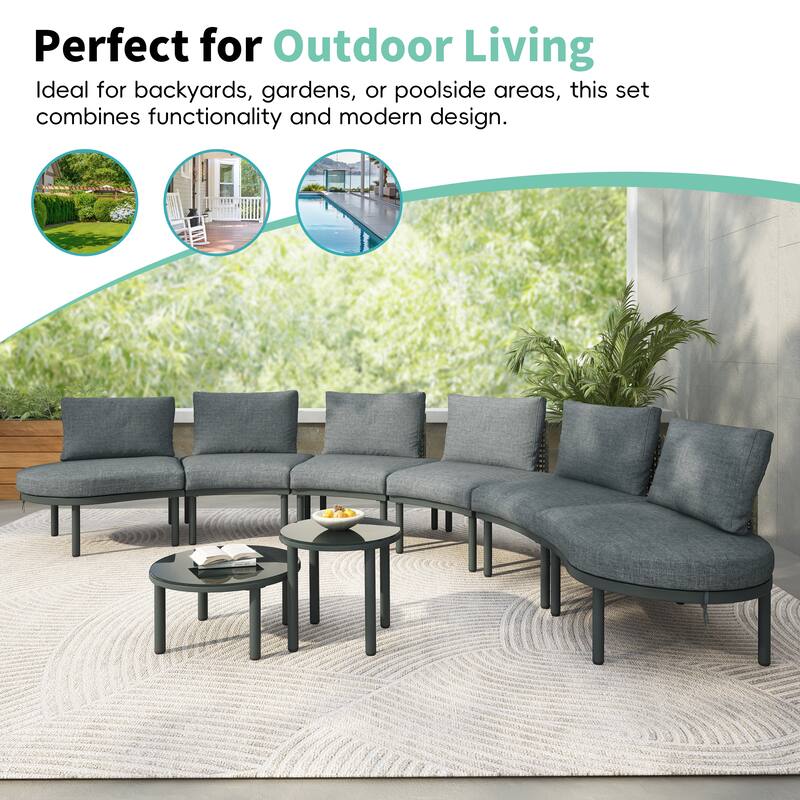 8-Piece Patio Sofa Furniture Set, Half Moon Sectional Sofa with 2 High-Low Coffee Tables, 6 Pillows & Cushions