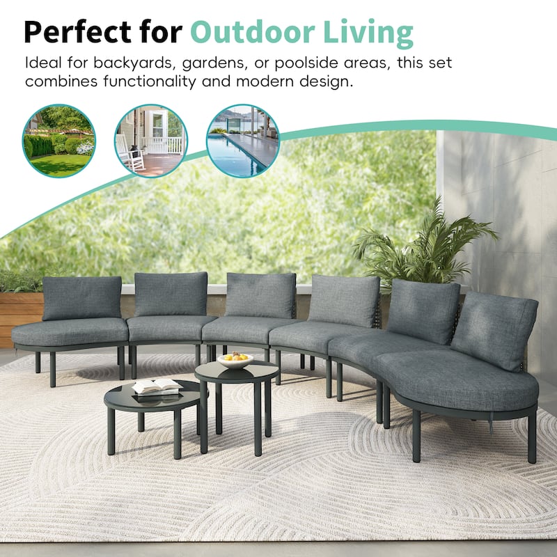 Roomfitters 6/8-Piece Half Moon Patio Sofa Set with 2 Coffee Tables, PE Wicker Rattan, Glass Top, Cushions & Pillows