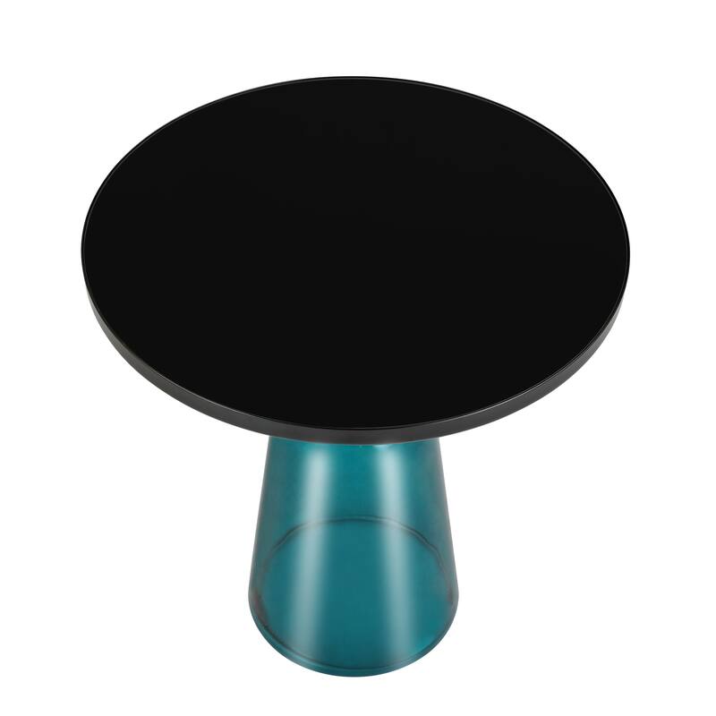 19-Inch Side Table Round Glass/Stone Tabletop End Table with Black Iron Rim and Glass Base