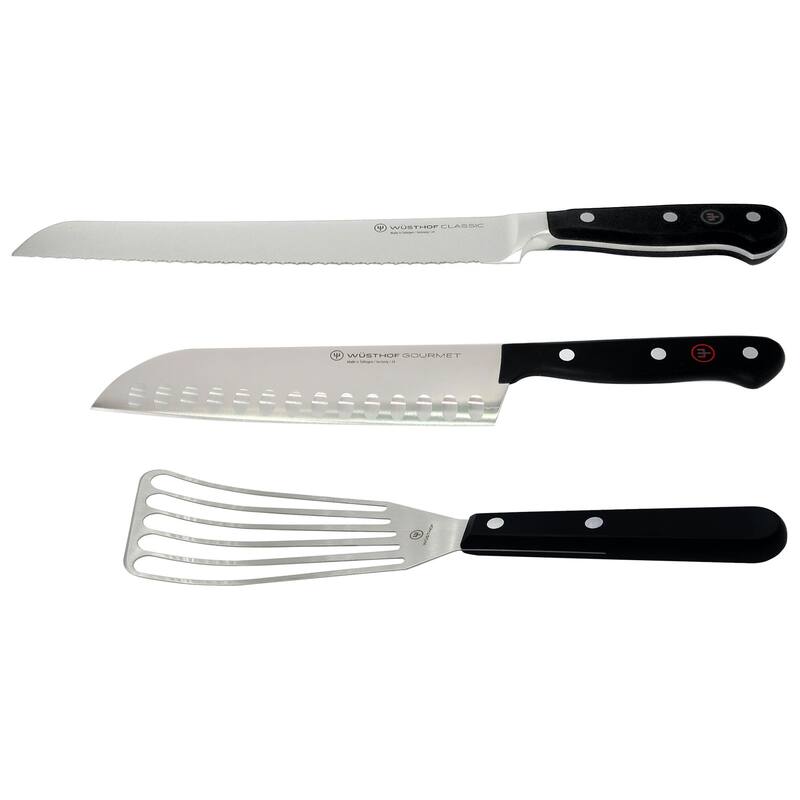 Wusthof Classic 9" Bread Knife + Wusthof Gourmet 6 1/2” Slotted Fish Spatula 9035092117 + Gourmet 7" Hollow Edge Santoku Knife - Black
