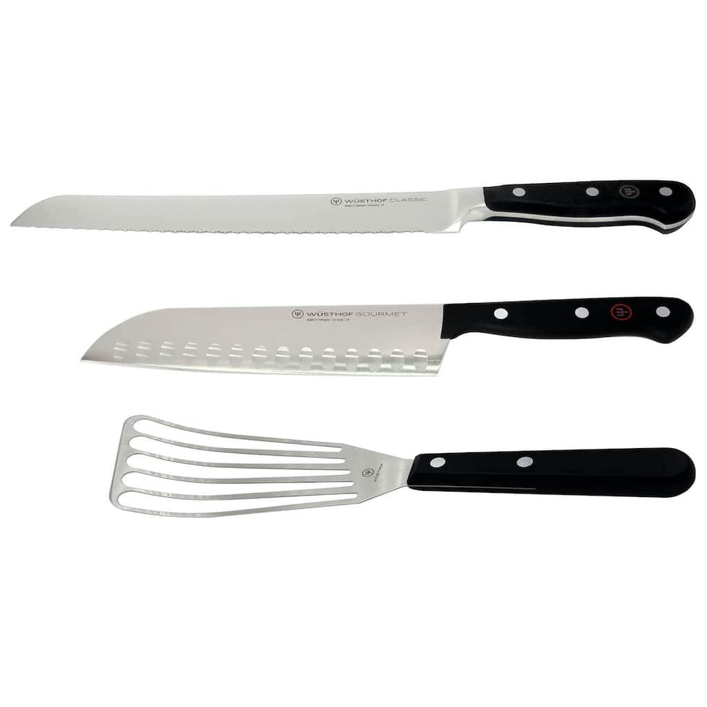 Wusthof Classic 9" Bread Knife + Wusthof Gourmet 6 1/2” Slotted Fish Spatula 9035092117 + Gourmet 7" Hollow Edge Santoku Knife