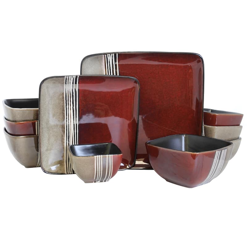 16 Piece Dinnerware Set Maroon and Beige Stripe
