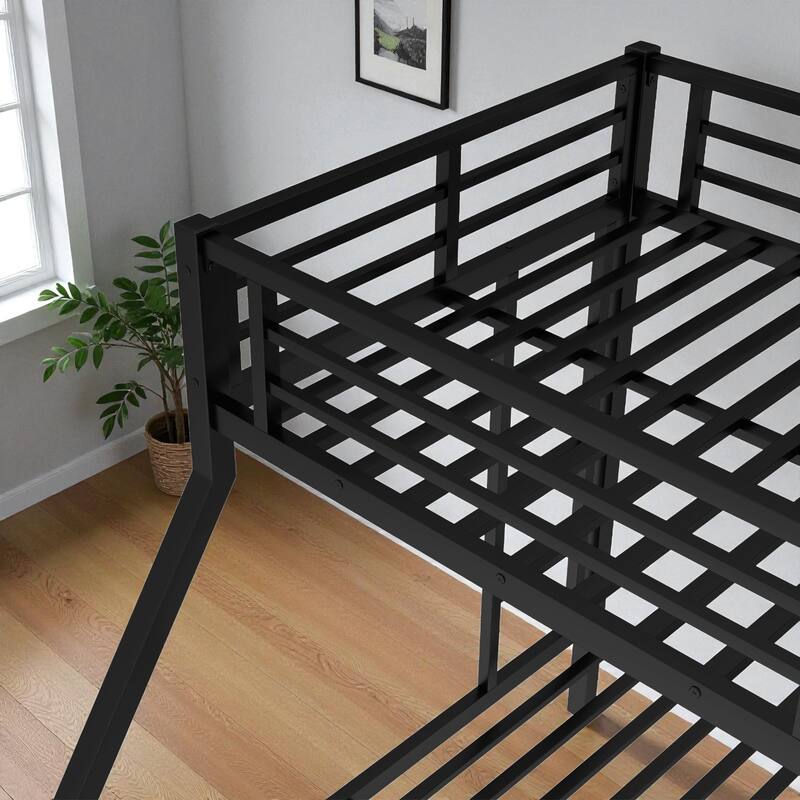 Metal Twin XL over Queen Bunk Bed Frame with Guardrails, Two-Side Ladder, Noise-Free & Space-Saving Design
