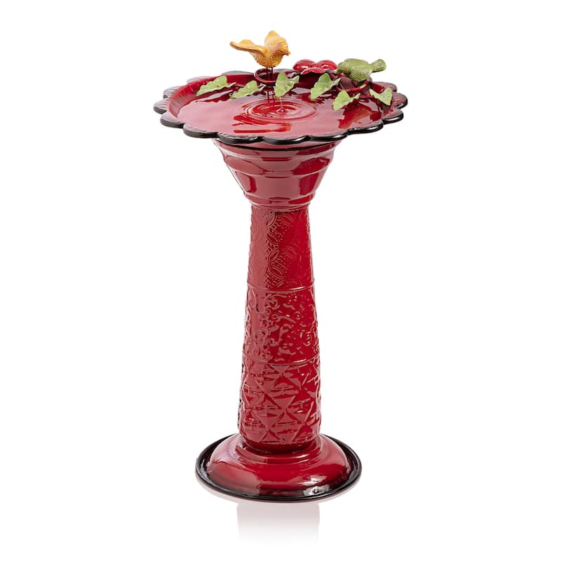 Alpine Corporation - 28" Tall Outdoor Metal Birdbath with Birds and Leaves Yard Statue Decoration, Red