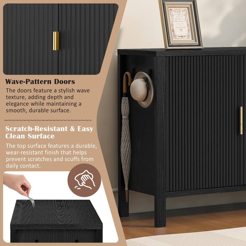 Modern Fluted 2-Door Sideboard with 3 Storage Drawers and Adjustable Hooks for Living Room,Entryway,Hallway