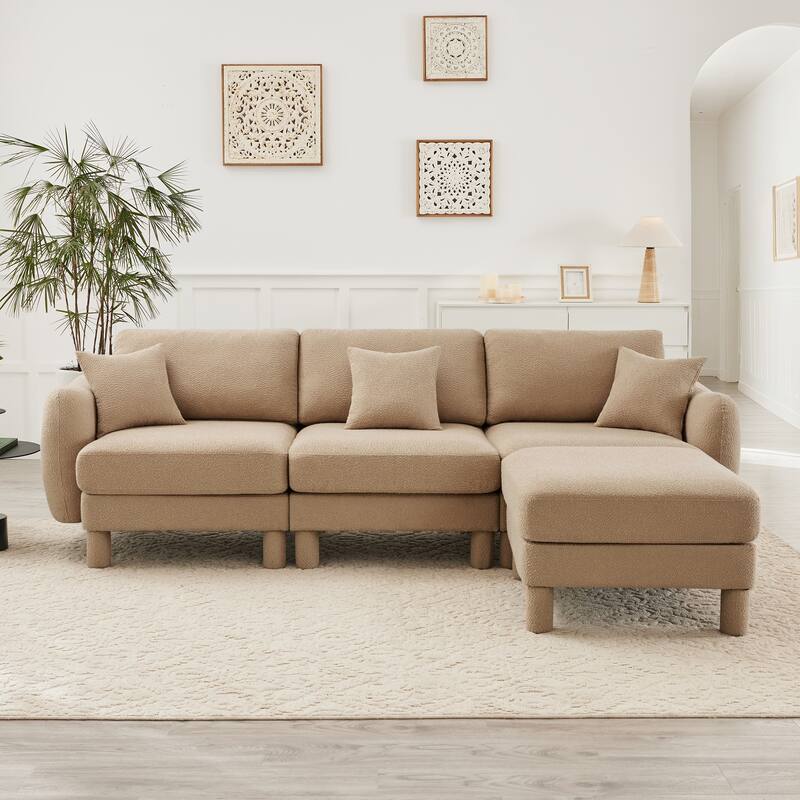 109.4" 3-Seater Modern Upholstered Sofa Couch, Deep-Seat Sectional Sofa with Shell-Shaped Armrests, Leisure Sofa for Living Room - Coffee- 3-Seater-1 Ottoman