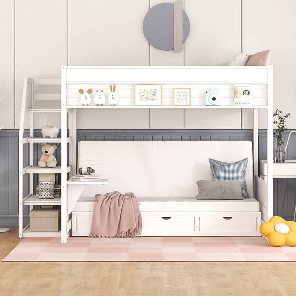slide 2 of 29, Full Size Futon Bunk Beds Lower Beds Convertible Daybed with Drawers White - Full