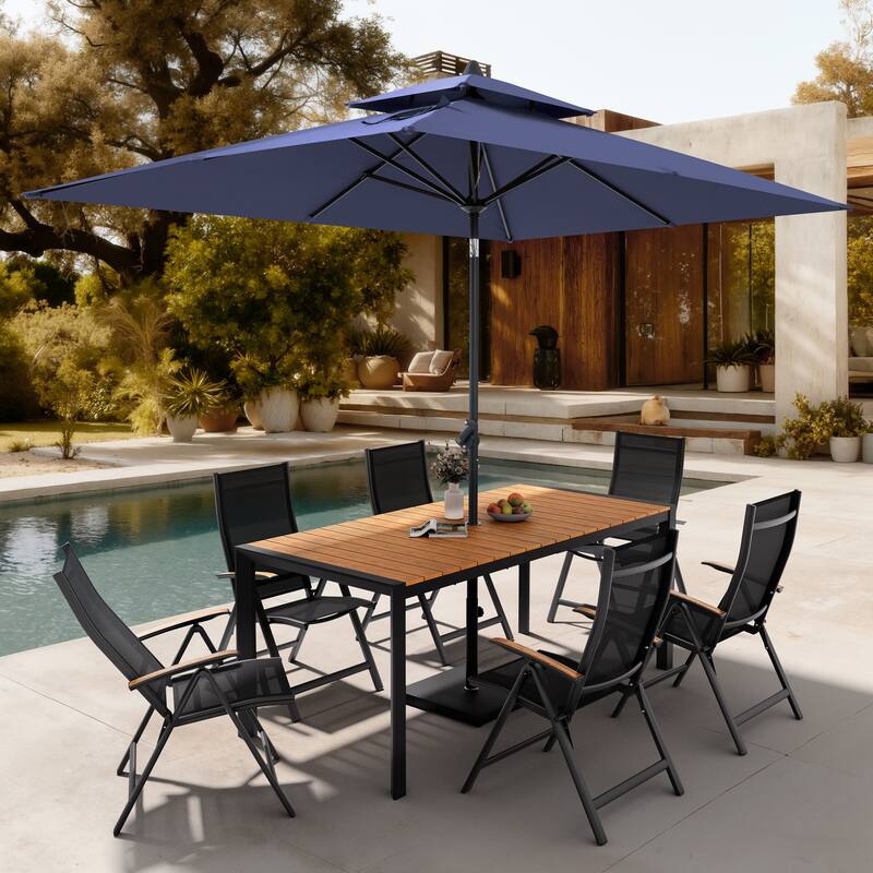 9-Piece Outdoor Patio Dining Set Wood Like Aluminum Umbrella Hole Table with Folding Chairs, Market Umbrella and Base - BrownTable&BlackChairs&NavyBlueUmbrella