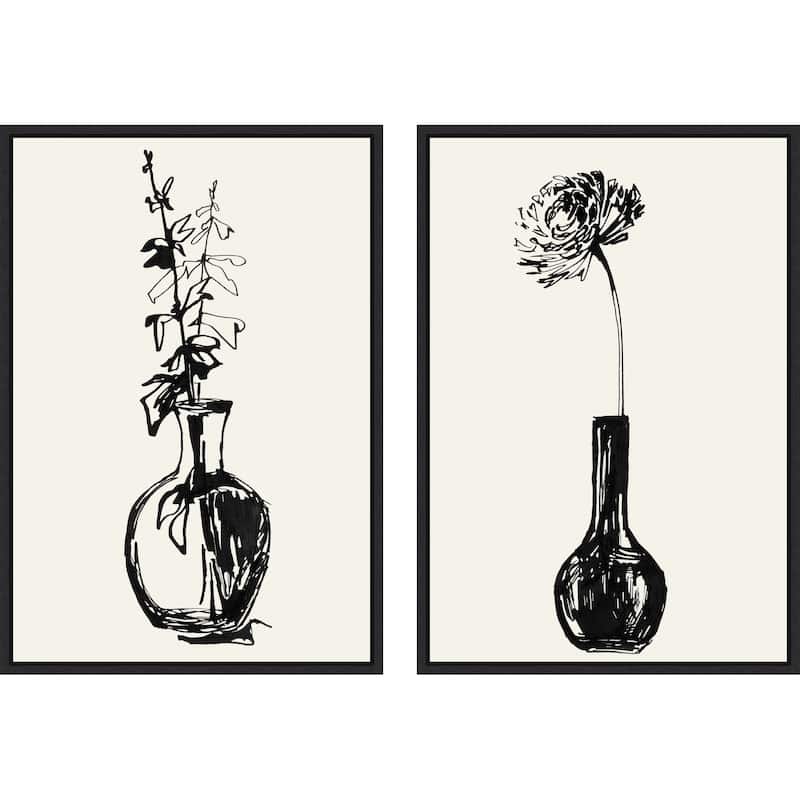 Amanti Art Flower & Leaves in a Vase Ink Sketch 2 Piece by Rosana Laiz Blursbyai Framed Canvas Wall Art