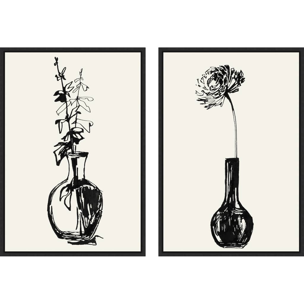 Amanti Art Flower & Leaves in a Vase Ink Sketch 2 Piece by Rosana Laiz Blursbyai Framed Canvas Wall Art