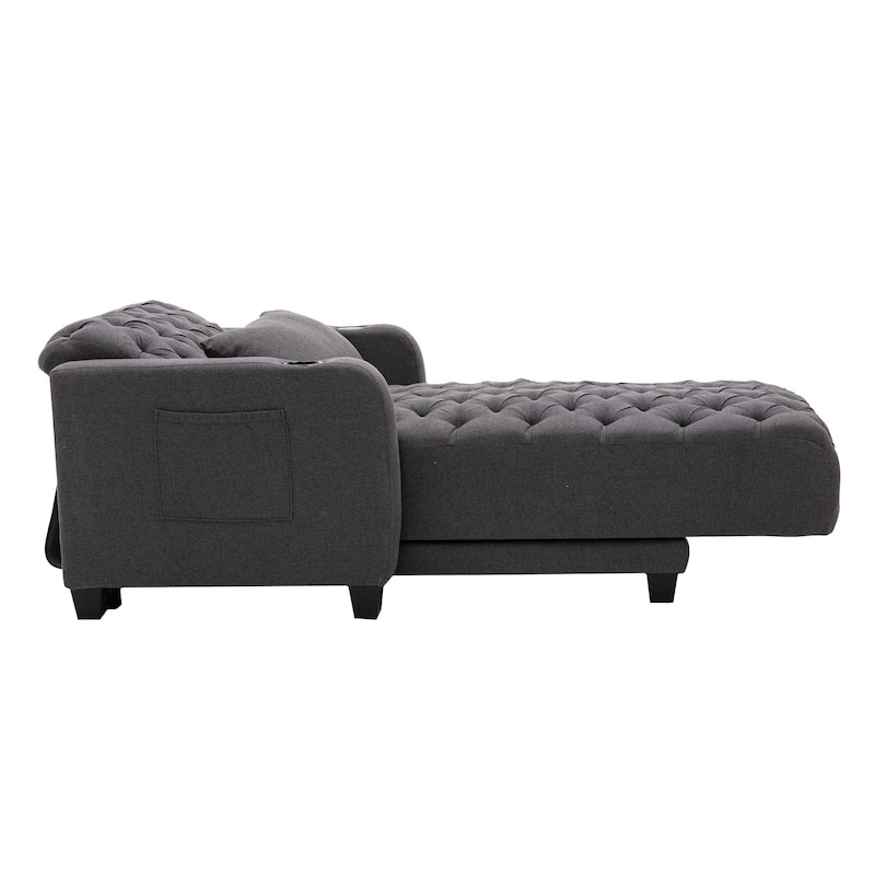 Linen Upholstered Multifunctional Tufted Wireless Charging Leisure Sleeper Armchair with 2 Cup Holders