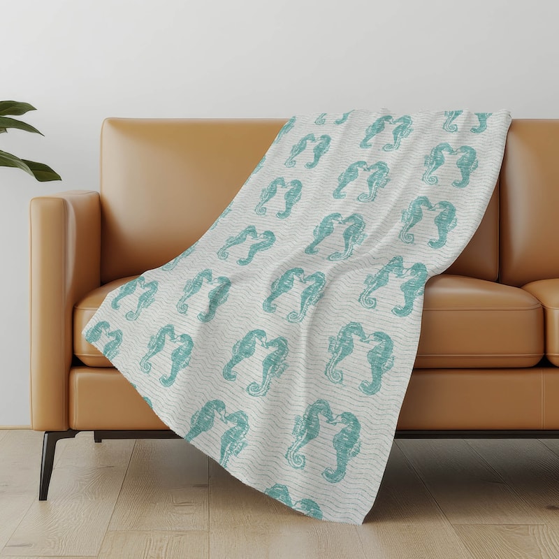 Premium Machine Washable ASB194 Sea Horse Sherpa Throw Blanket - Aqua - 4'2" x 5'10"