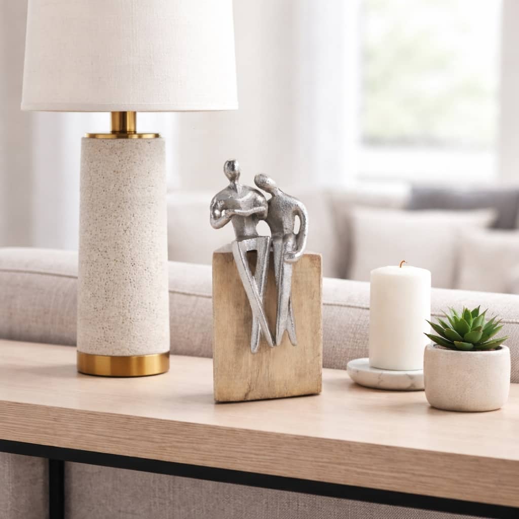 Decorative Couple on Wood Base Figurine - Modern Statue Sculpture - 9.75"