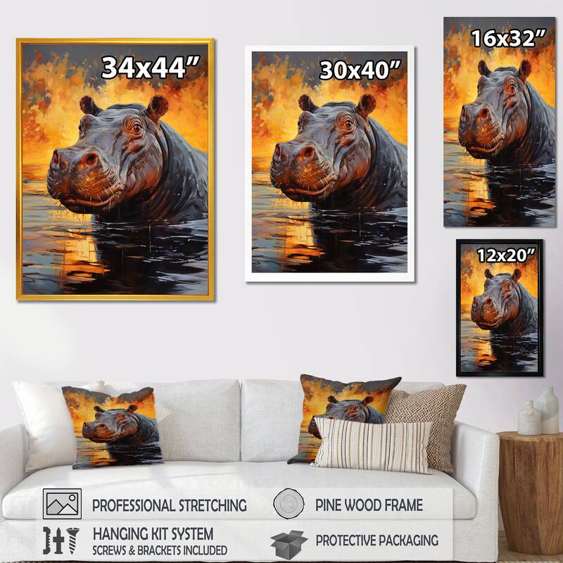 Designart "Hippo The Savanna King II" Hippopotamus Wall Art Print Black - Modern Wall Art Décor For Bedroom