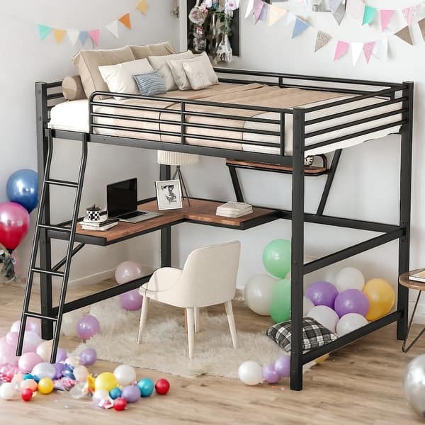 slide 2 of 24, Industrial Modern Full Size Loft Metal & MDF Bed with Built-in Desk and Shelf, Sturdy Construction & Safety Guaranteed, Black Black